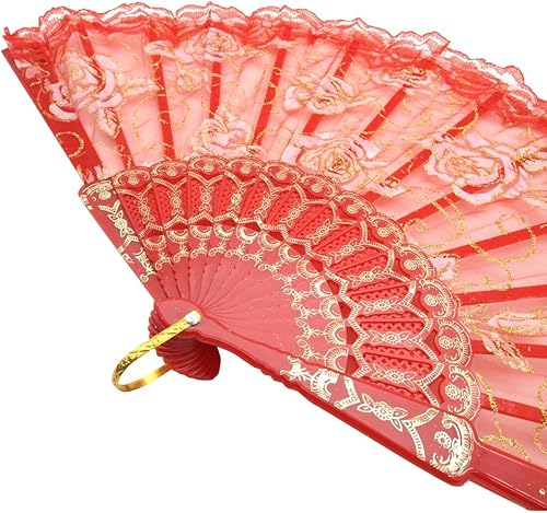 Miniatura 6 de TrendBox - Abanico chino de mano en encaje de rosas para mujer, elegante diseño retro, para bailes