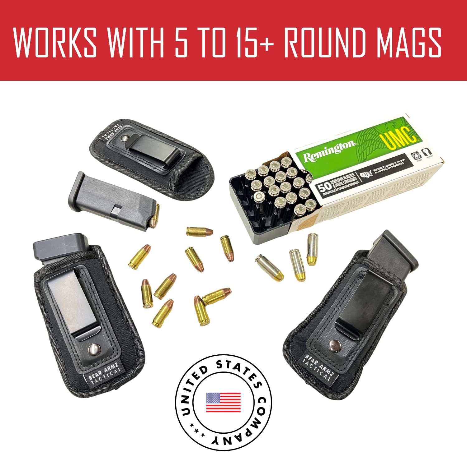 Universal IWB Magazine Holster | American Company | Mag Pouch Compatible with Glock 17 19 43 Sig P320 S&W M&P Shield | 6-21 Round Pistol Mags 9mm .40 .45 | Gun Ammunition Holsters | Handgun Ammo