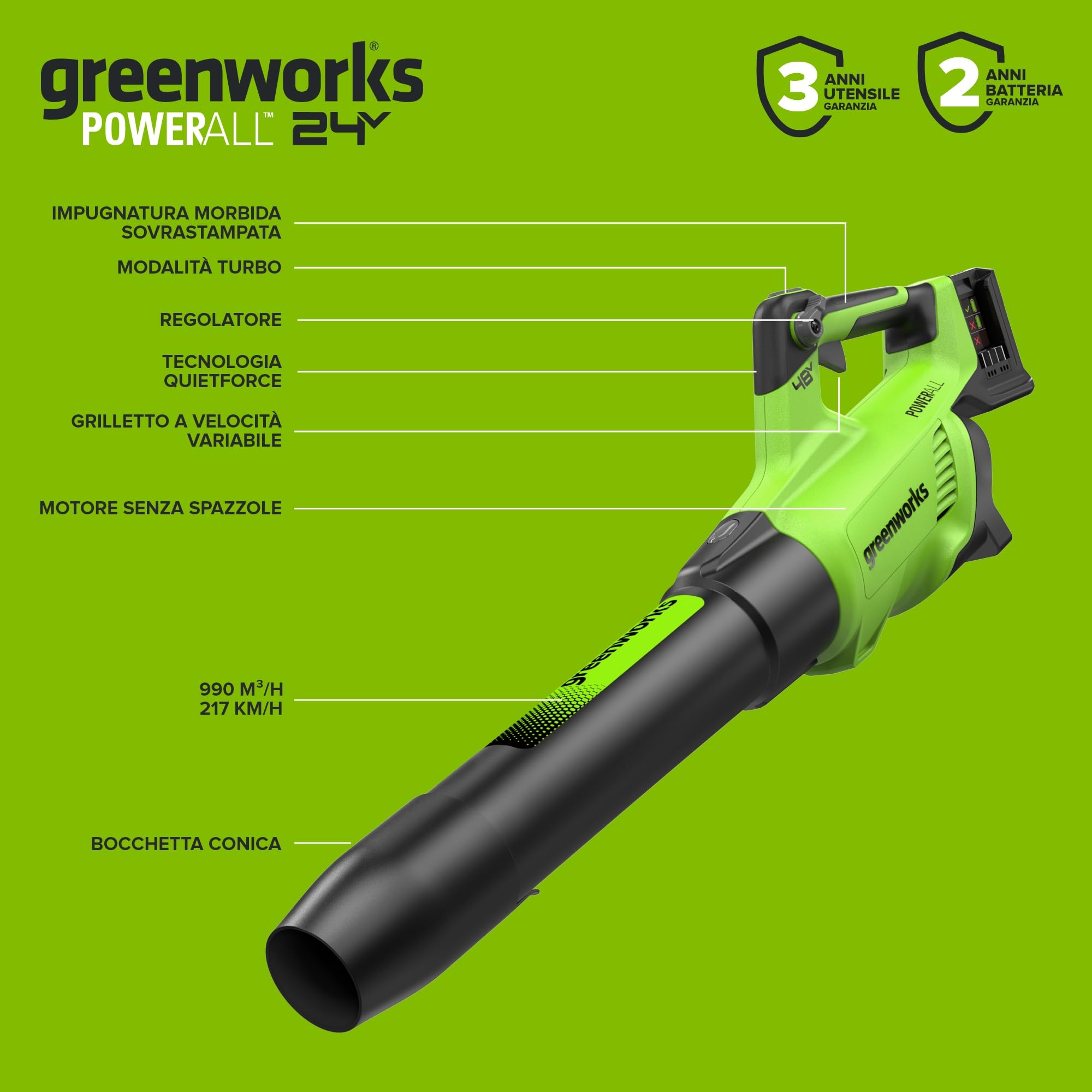 Greenworks 48V(24V x 2）Soffiatore Assiale, Ioni di Litio Velocità d'Aria 217 Km/h, 16.4m³/min Potente Tubo Soffiatore Assiale Controllo di Velocità Elettronico Con Batteria e Caricatore BL48L420-01