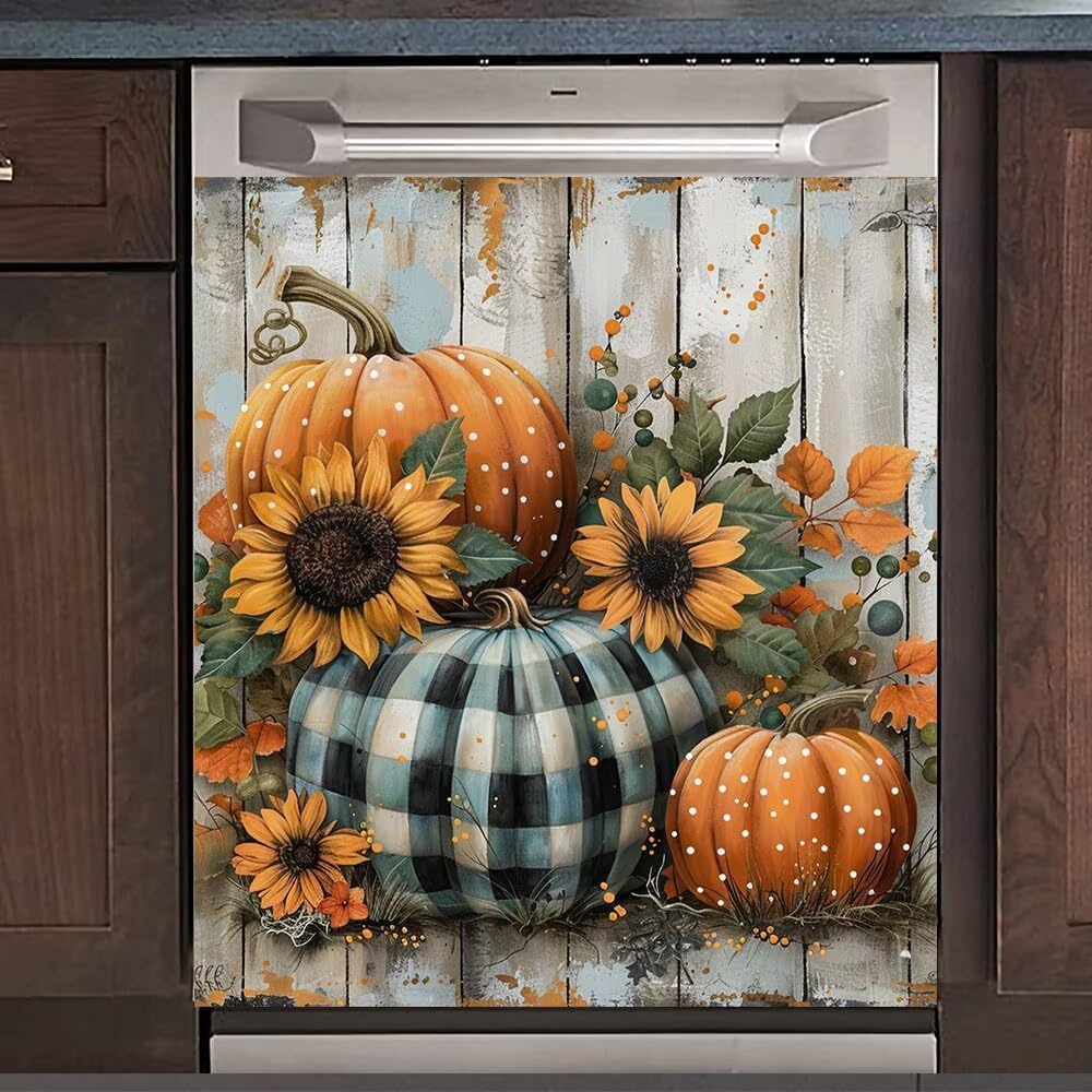 Autumn Pumpkin Magnetic Dishwasher Skin Panel Cover, Pumpkin Sunflower Strong Universal Magnet Panel Decal for Refrigerator Fridge, Thanksgiving Harvest Dishwasher Magnetic Cover 23x26 Inch