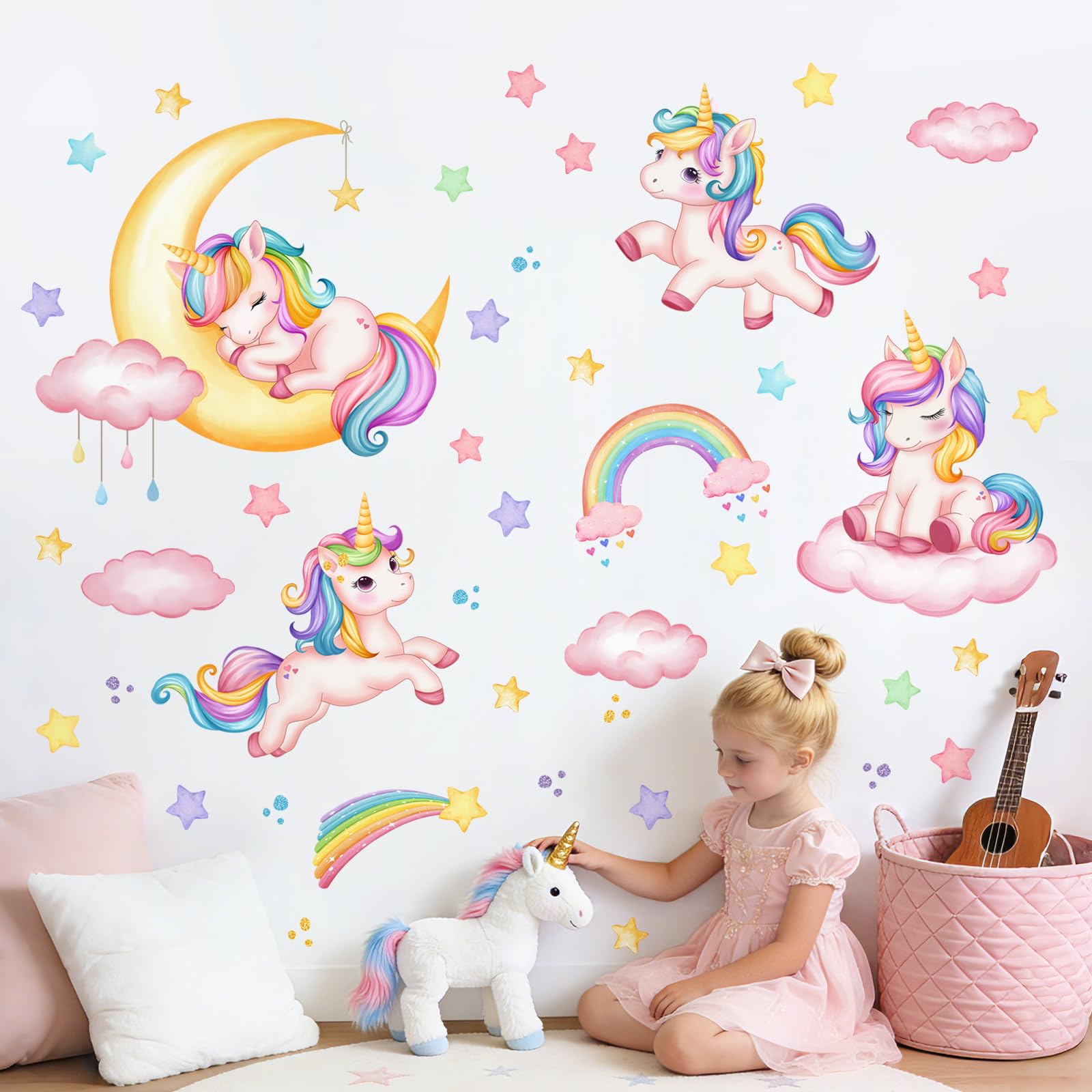 Supzone Wandtattoo Regenbogen Einhorn Groß Wandaufkleber Einhorn Sterne Wolken Rosa Wandsticker Kinderzimmer Mädchen Schlafzimmer Babyzimmer Wohnzimmer