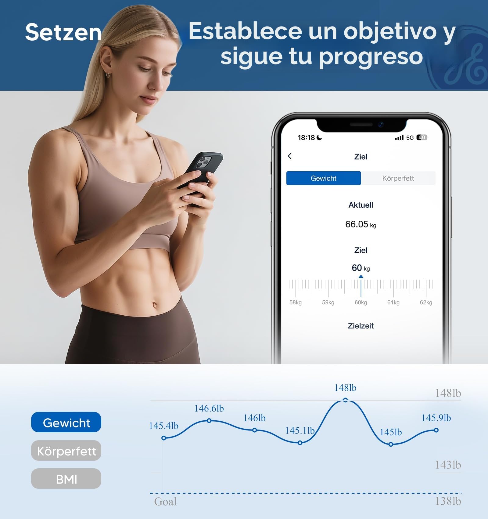 GE Bascula Grasa Corporal y Muscular, Digital Bascula Inteligente con Aplicación 14 Medidas Corporales IMC Bluetooth Báscula de Baño Precisa 180 kgs Black