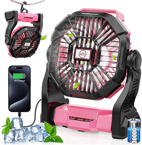 Miniatura 1 de Ventilador de campamento recargable de 30000 mAh con linterna LED, ventilador portátil de exterior alimentado por batería para dormitorio,