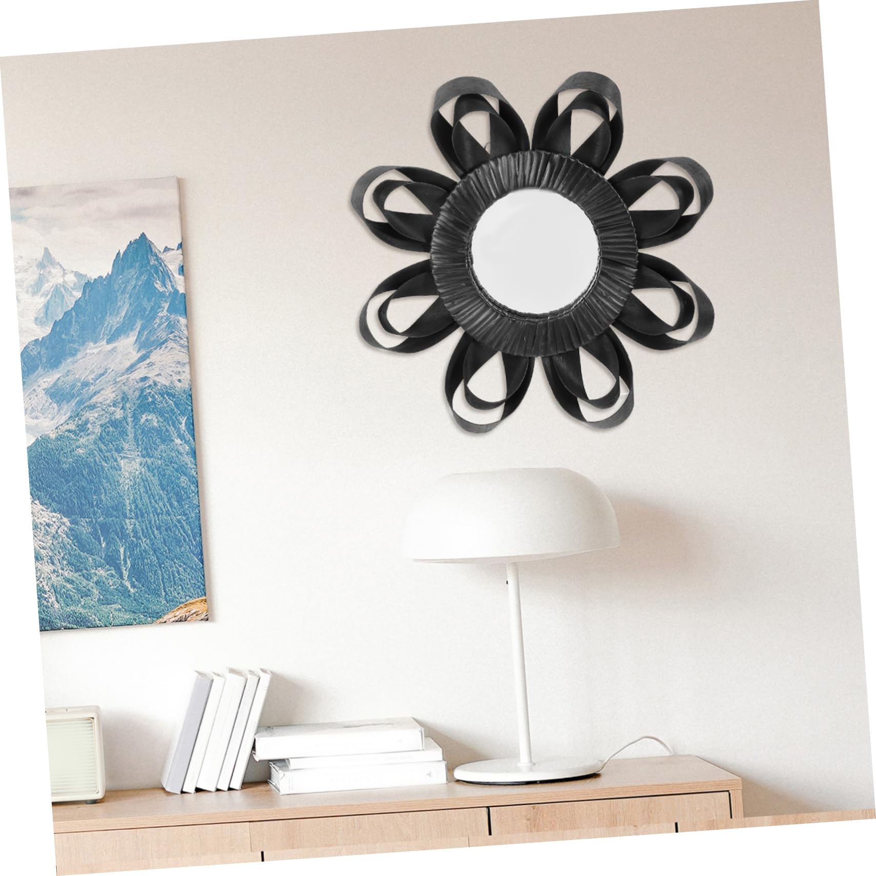 Rattanspiegel Wandspiegel aus Glas und Holz in Schwarz