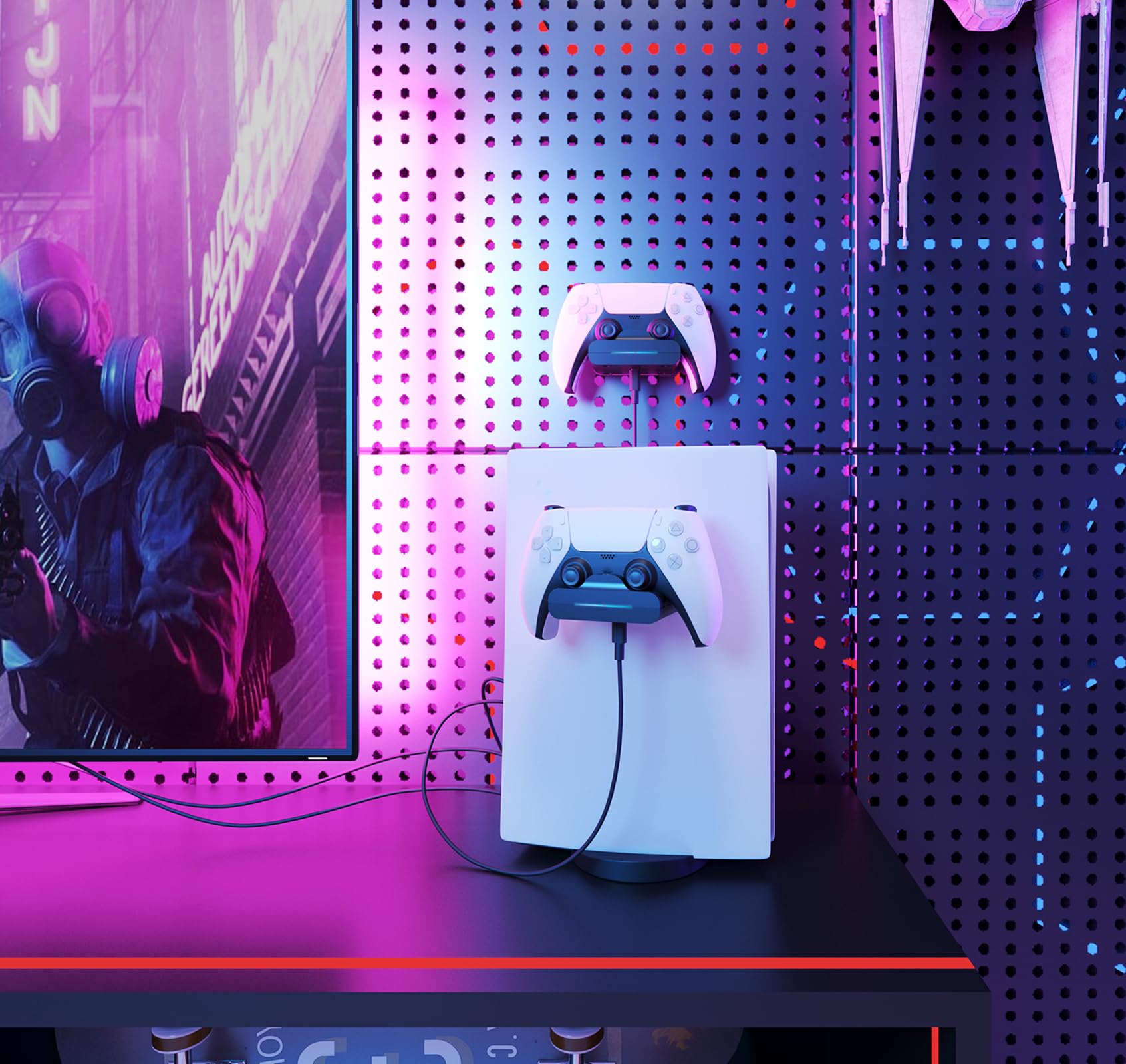 sciuU [2 Stück] Ladestation kompatibel mit PS5 DualSense Controller, Wandhalterung Ladestation und Ladekabel 1 m USB Type-C Kabel, Ladekabel Halterung mit LED-Indikator für PlayStation 5 Gamepad
