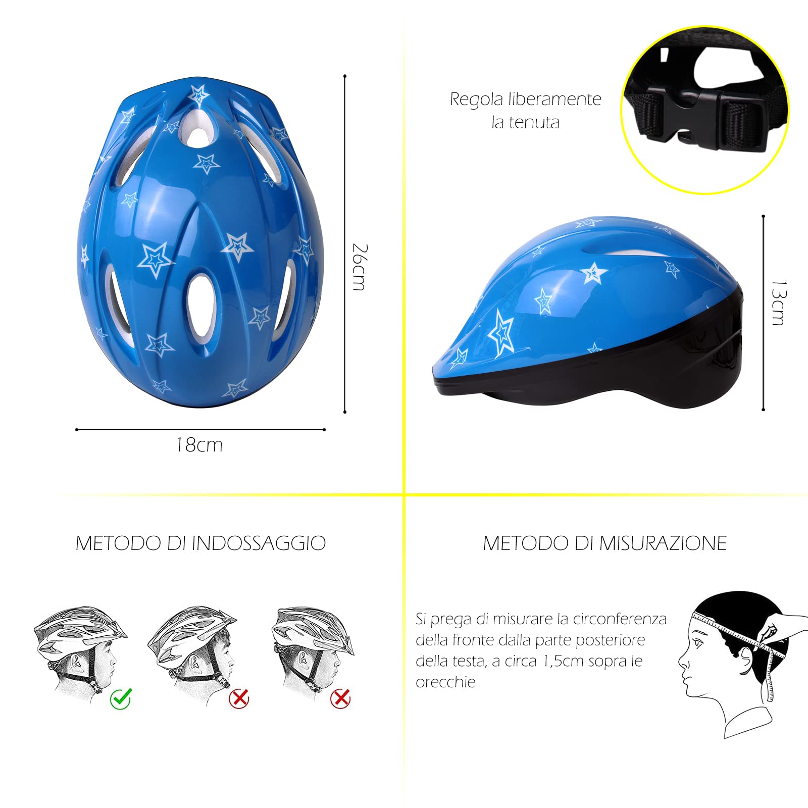Casco Wisdom per Bambino in ABS con Schiuma EPS Chiusura Regolabile Colore Colore Blu