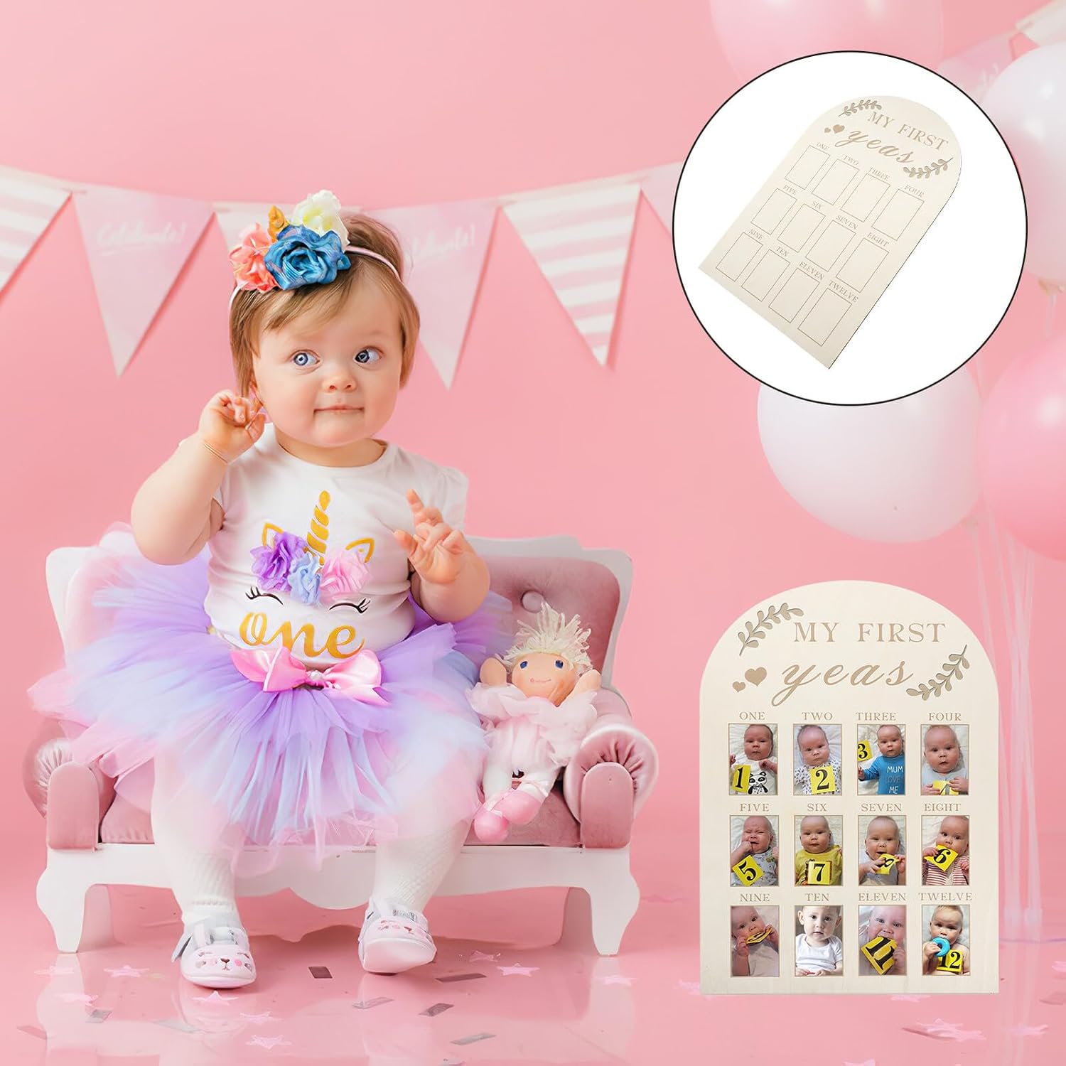 First Year Photo Frame and Milestone Board, Wooden Newborn Keepsake Picture Frame for 12 Months Growth Display, Nursery Décor for Memory Preservation