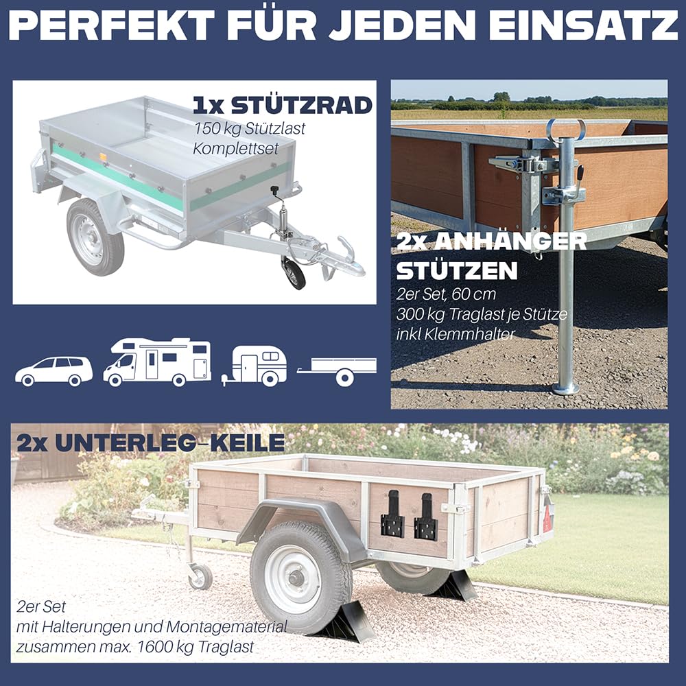 Trucky Set Stützrad für Anhänger + 2X Anhängerstützen + 2X Unterlegkeile Pkw Deichselrad Klemmhalter Anhängerstützrad Keil