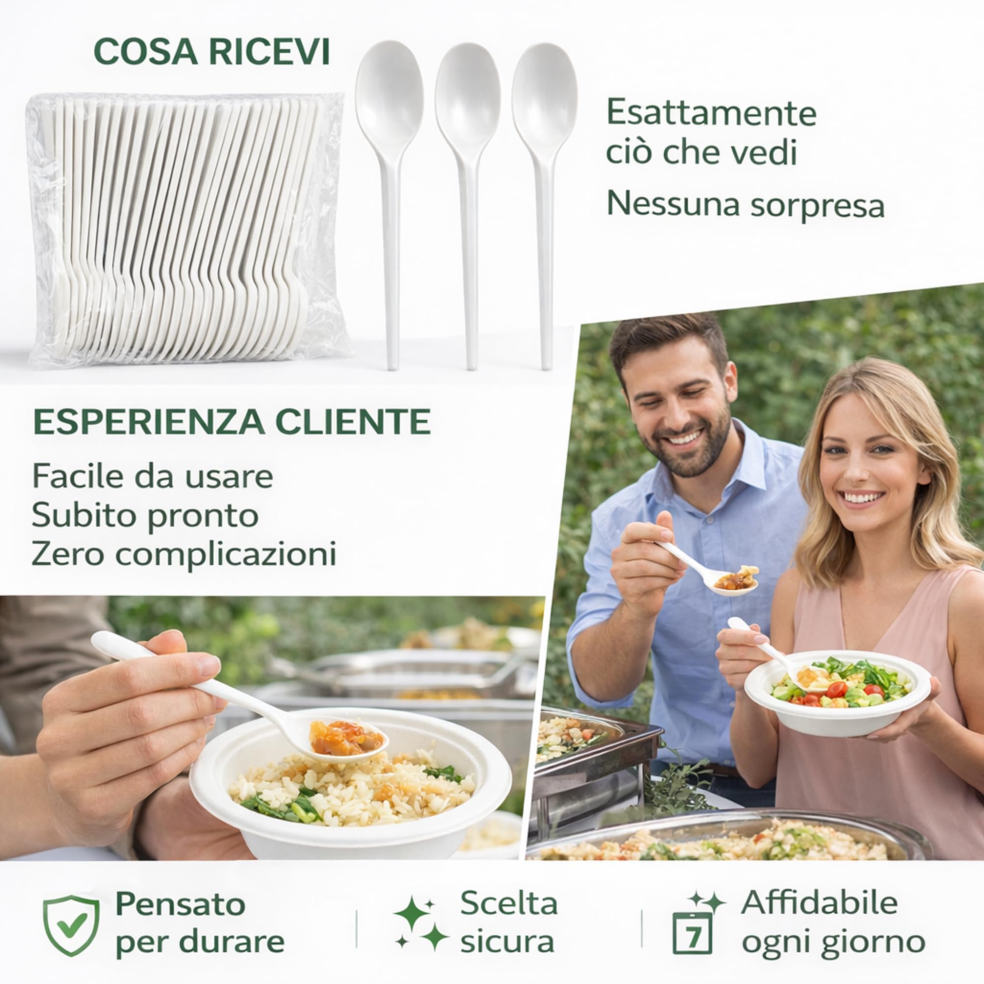Cucchiai Riutilizzabili CPLA 16 cm Bianco, Posate Ecologiche Resistenti per Catering