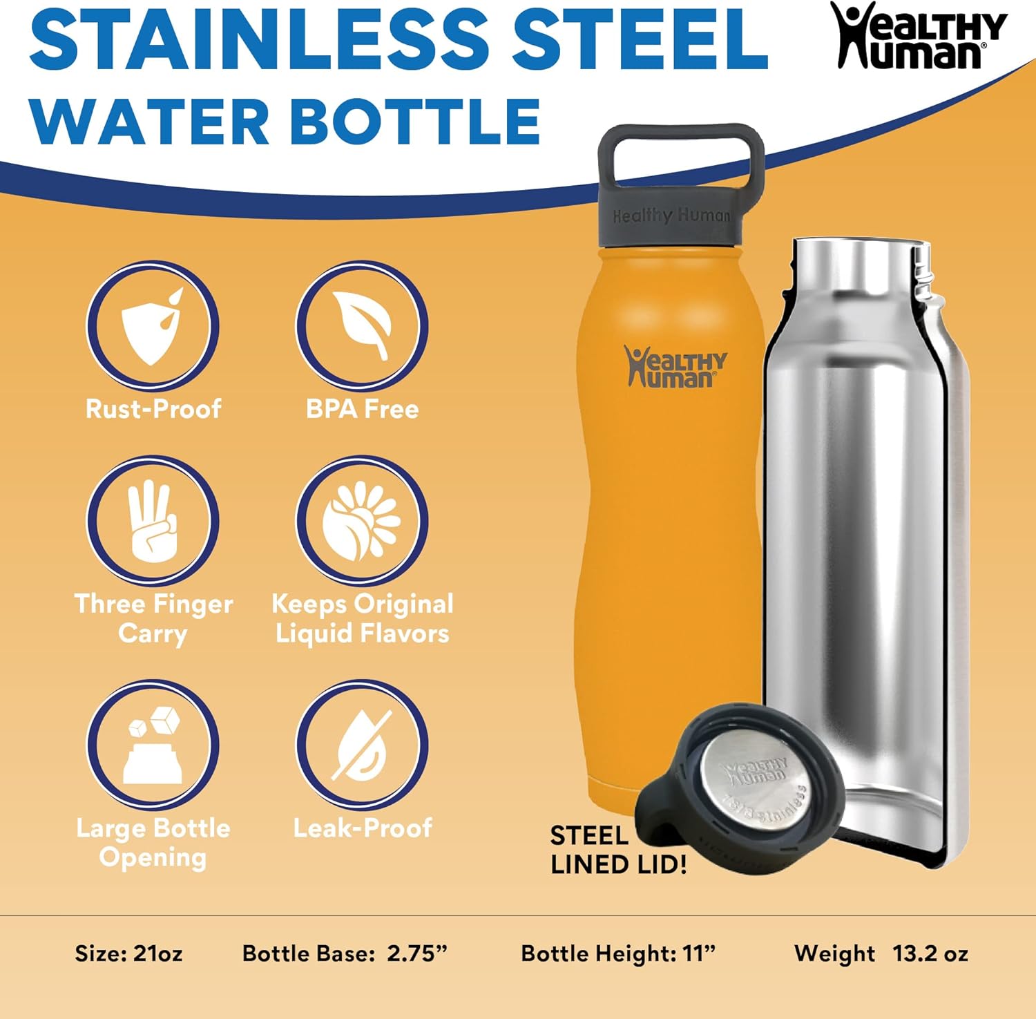 Healthy Human Stainless Steel Curve Water Bottle | 100% BPA Free Thermos for Kids & Adults | Vacuum Insulated Water Bottles | Metal Bottles with Leak Proof Lid (21 oz/ 621 ML, Orange Sherbet) - Image 2