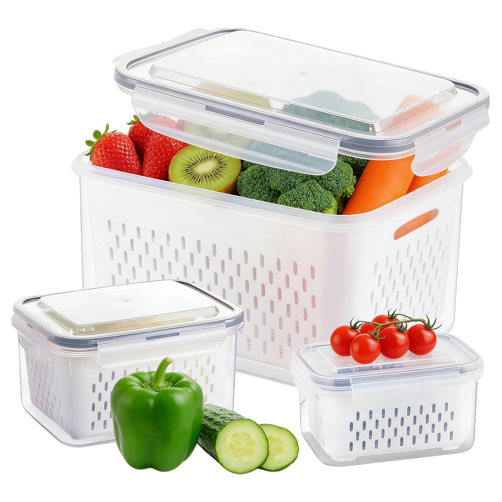Wrbugukeji Grey ﻿ 3 Set Fruit Storage Containers For Fridge With Removable Colander, Leakproof Fridge Organizer Bins, Fridge Fruit Storage Containers With Colander For Salad Fruit Vegetables (Grey)