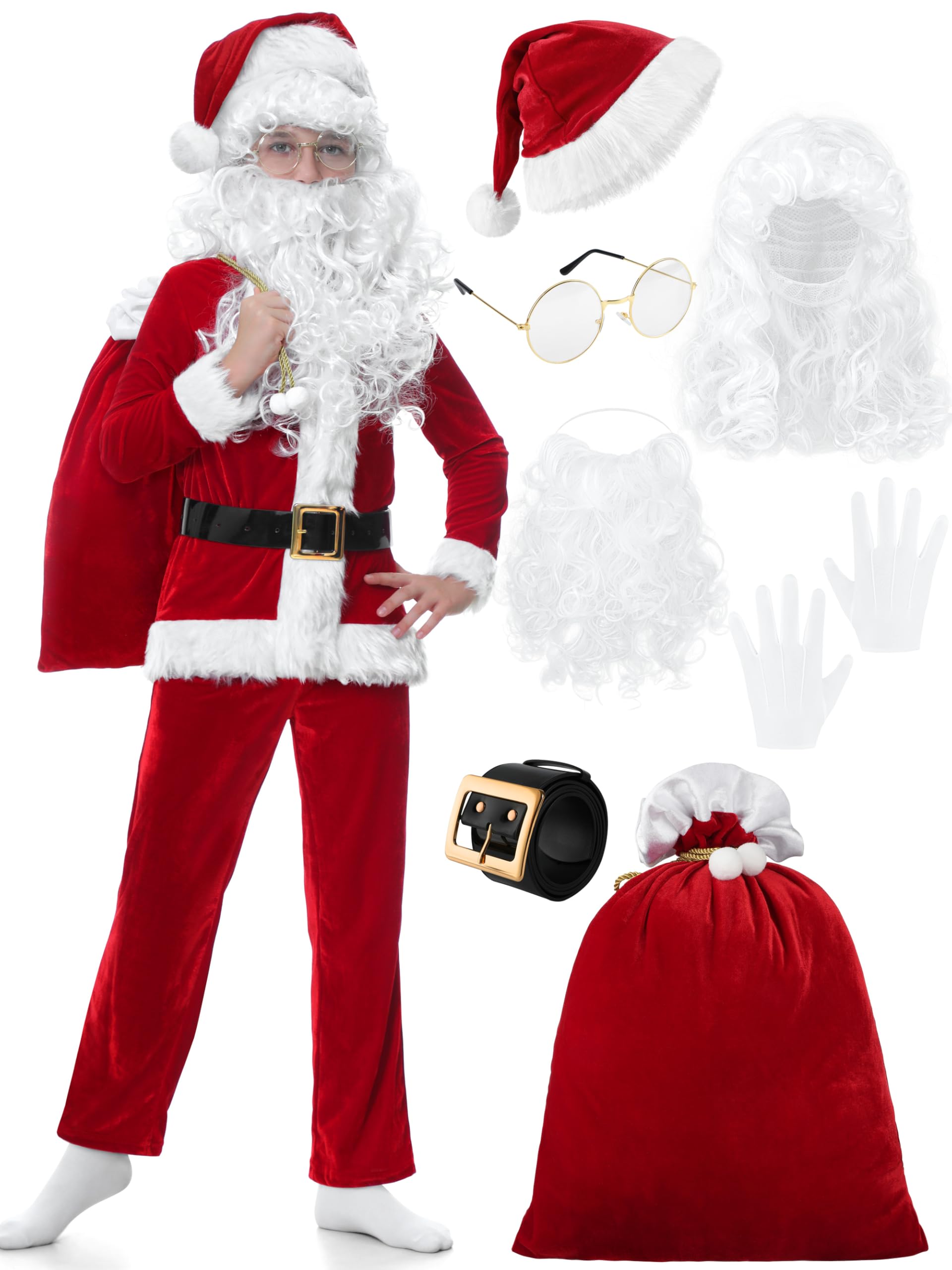 Santa Claus Costume for Kids, 9PCS Boys Christmas Suit Kids Santa Costume Outfit Velvet For Boys Christmas Cosplay
