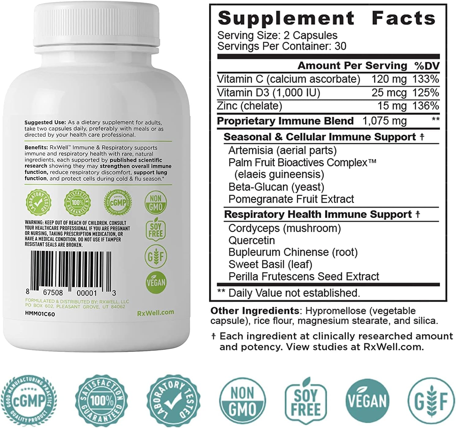 RxWell Immune Support - 12 Immunity Vitamins: Quercetin, Vitamin C, Zinc, D3 - Plus Cordyceps, Wormwood (Artemisia), Beta Glucan, & Pomegranate for Immune & Respiratory Support