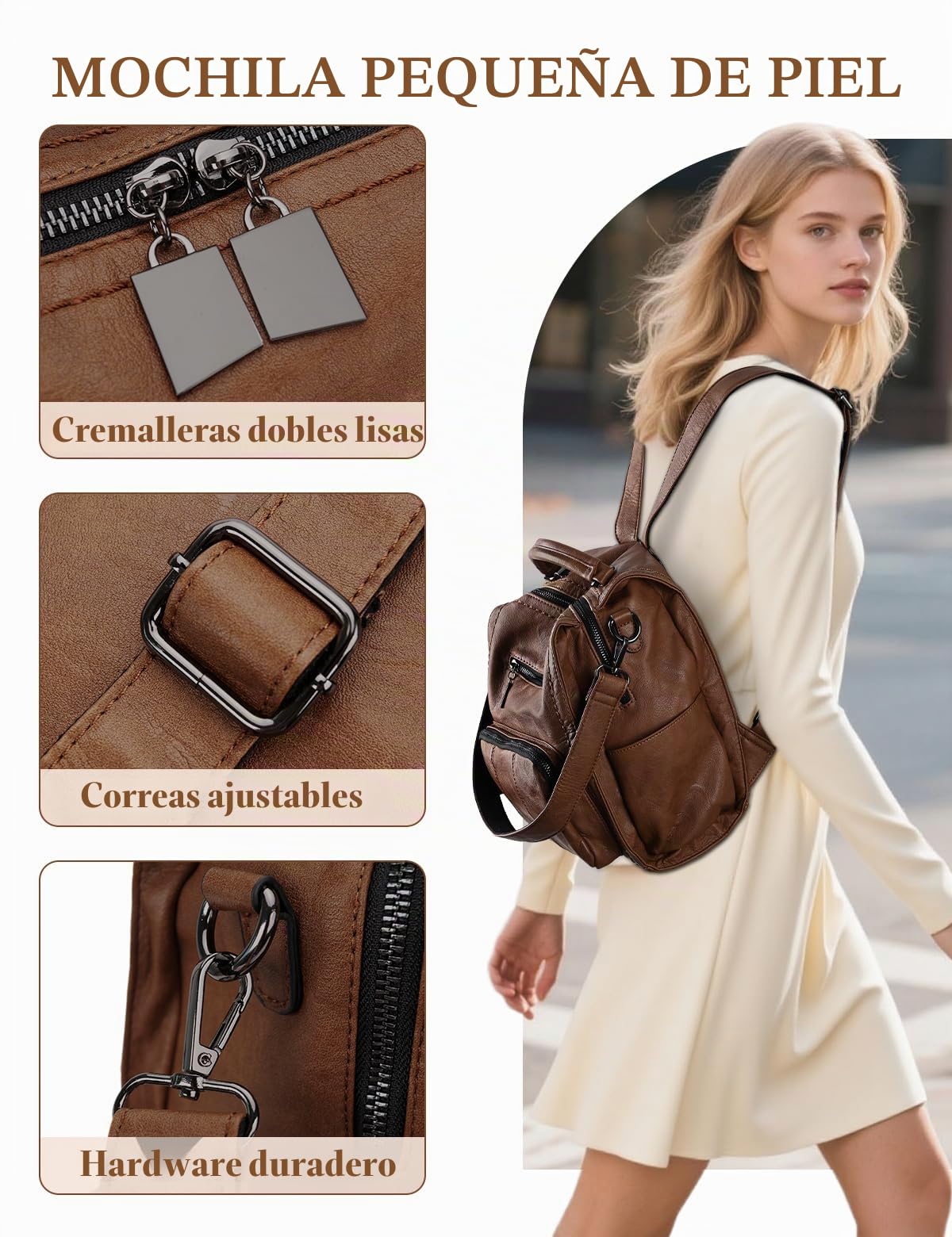 RAVUO Mochila Pequeña Mujer,Impermeable Bolso Mochila de Cuero Pu Mini Mochila Casual Bolso de Mano para Viaje Escolar,Marrón