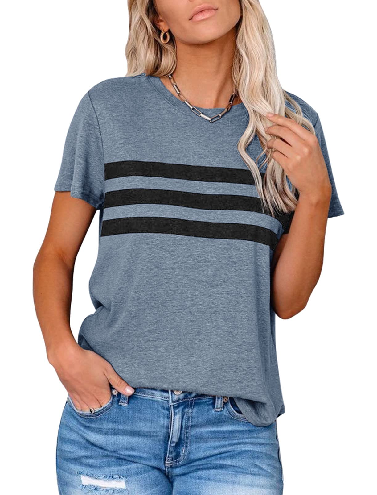LEANIWomen’s Short Sleeve T Shirts Crewneck Striped Color Block Tunic Tops Loose Casual Summer Tee
