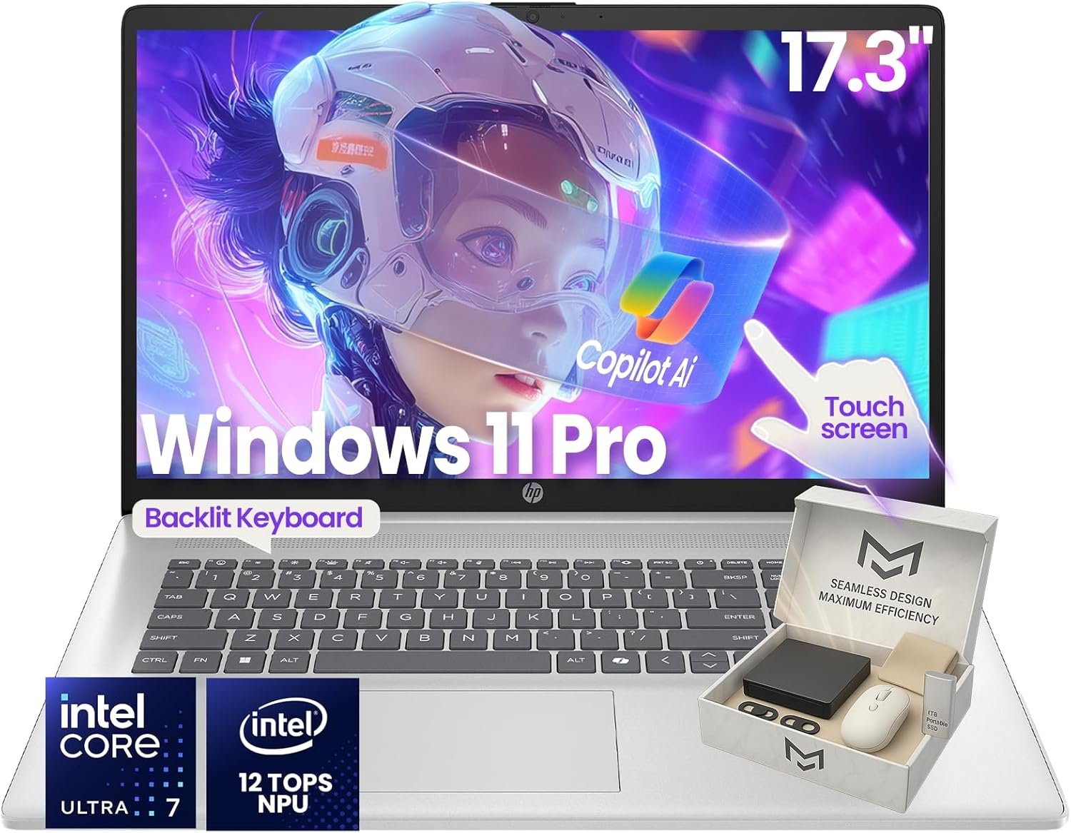 HP 17-inch Touchscreen Business Laptop · Intel 12-Core Ultra 7 255U · 12 NPU Tops · AI Copilot Ready · HD+ Display · Backlit KB · Privacy Camera · Win 11 Pro · w/Accessory (64GB DDR5 | 2TB SSD)