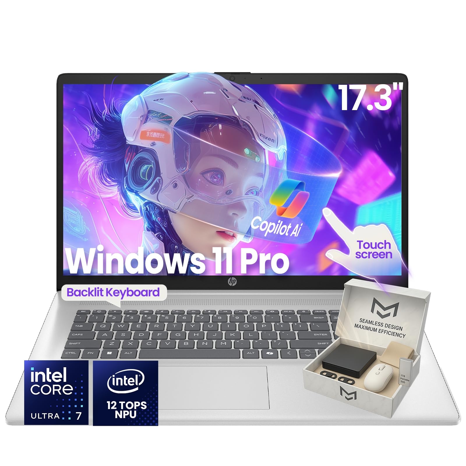 HP 17-inch Touchscreen Business Laptop Intel 12-Core Ultra 7 255U 12 NPU Tops AI Copilot Ready HD Display