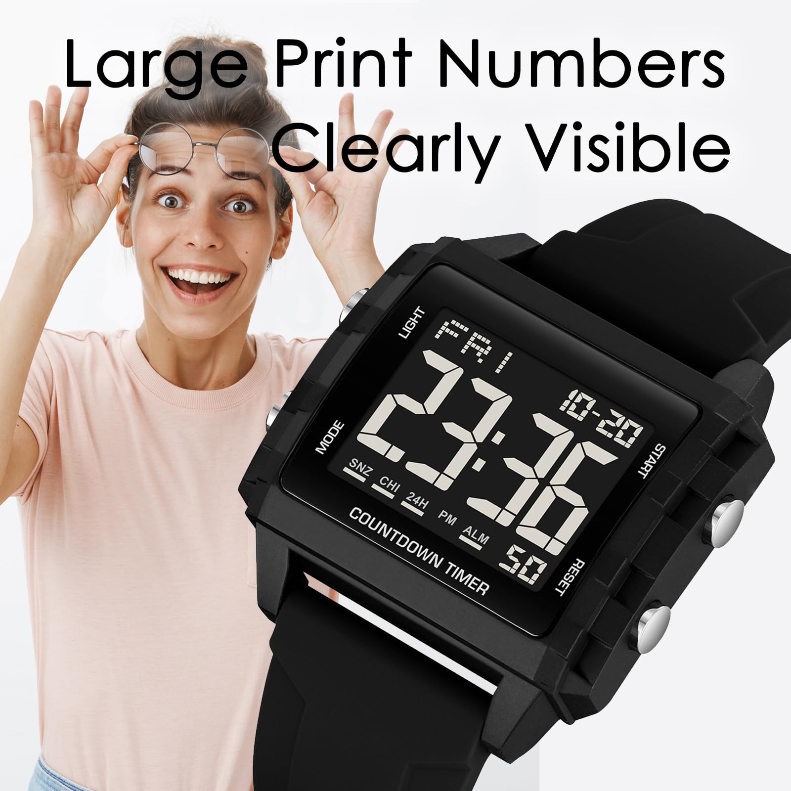 findtime Montre numérique étanche pour homme avec rétroéclairage LED, alarme, chronomètre, compte à rebours