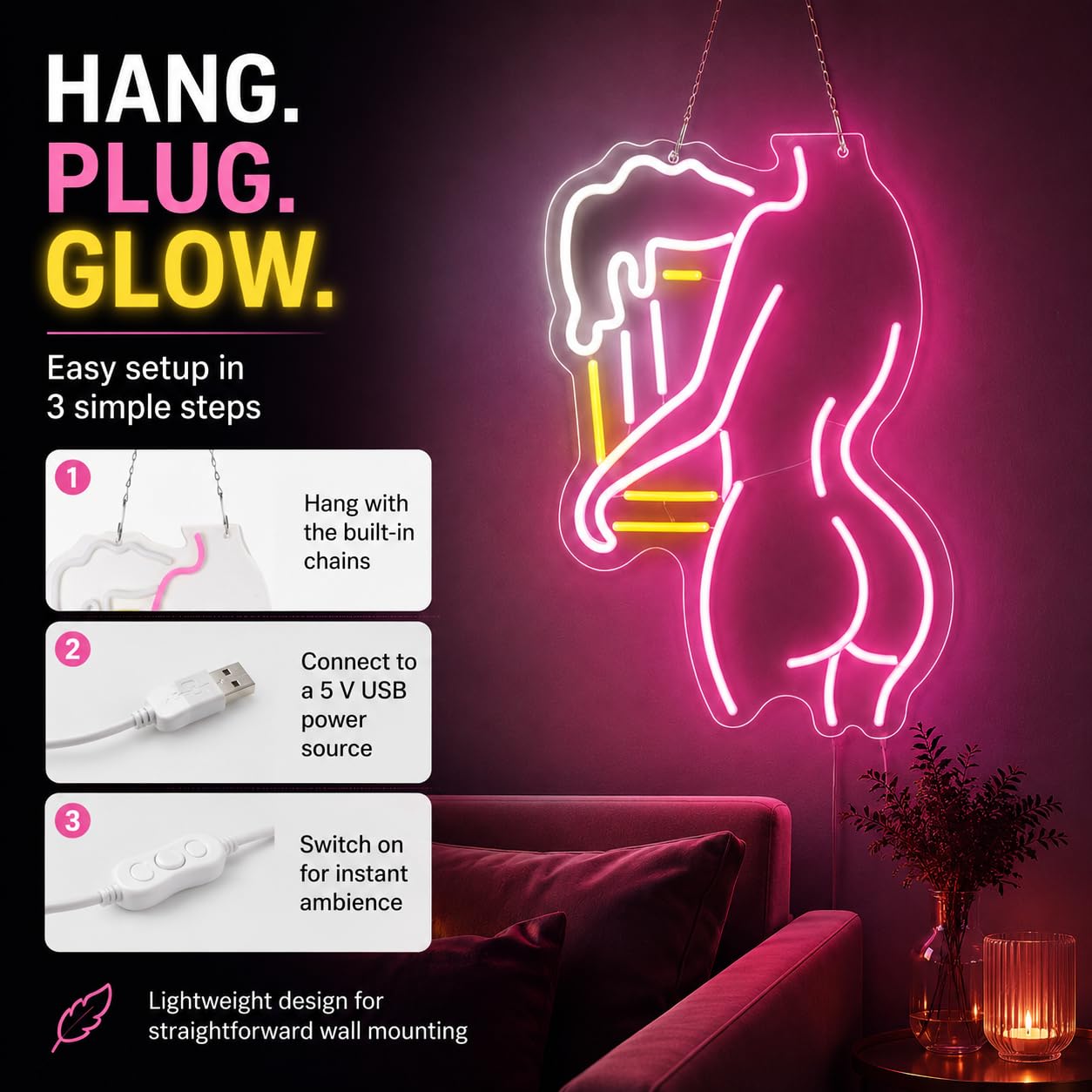 Insegna al neon con scritta "Lady Back", decorazione da parete a LED rosa, per camera da letto, bar, club, grotta degli uomini, soggiorno, decorazione per feste, alimentata tramite USB, 42 x 23 cm
