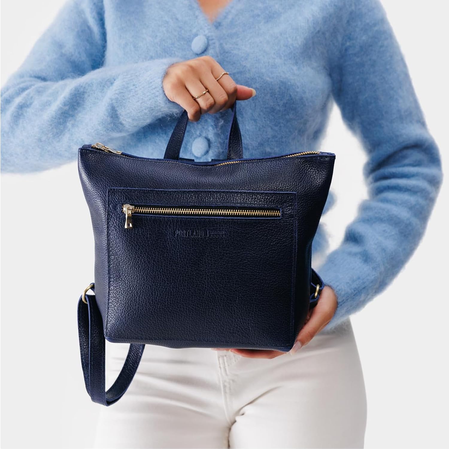 Portland Leather Goods Small Tote Backpack – Leather Purse Backpack with Zipper Closure, Exterior Pocket & Adjustable Straps – Handmade from the Finest Full-Grain Hides – Cobalt