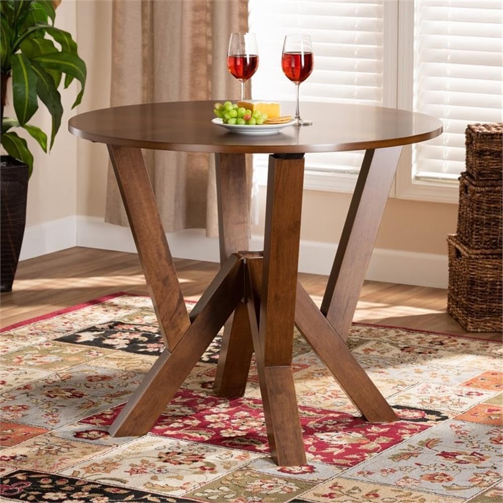 Bowery Hill Round Wood Dining Table, 35 in Wide, Walnut Finish, Rubberwood and MDF Construction, Sculptural Geometric Base, Seats up to 4, Contemporary Style Dining Room Table for Casual or Formal Use