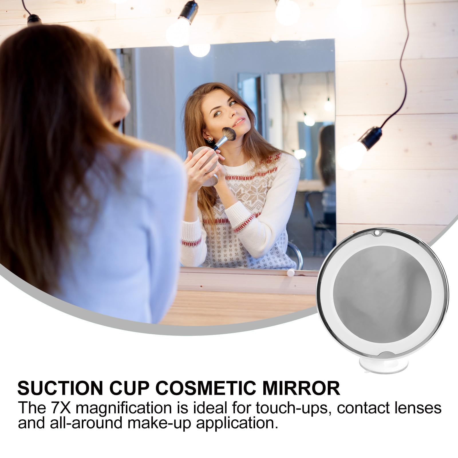 ibasenice Espejo de Maquillaje Redondo con Aumento 7X y Ventosa, Espejo de Tocador con Luz LED Blanco de Vidrio para Baño y Maquillaje