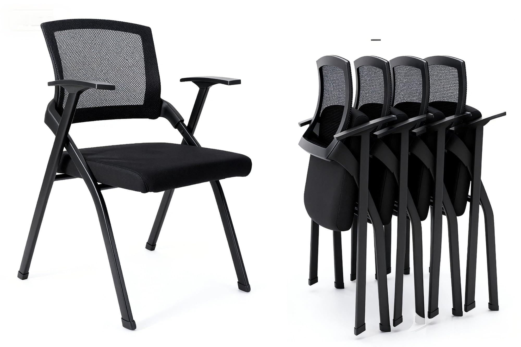 Folding Office Chair Conference Room Chair with Armrest Mesh Back, Stackable Foldable Office Chair for Guest Reception Meeting Classroom Training Seminar (8, Black)