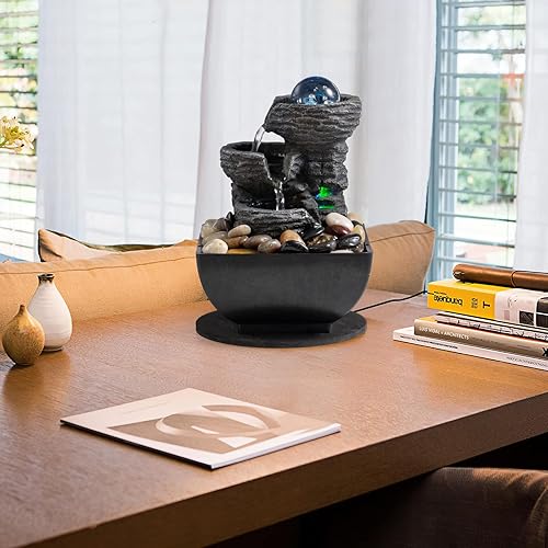 Miniatura 5 de Tabletop Fountain Indoor Waterfall Meditation Fountain Like Layers of Rock Desktop Water Feature Includes Many Natural River Rock LED Lights Rolling