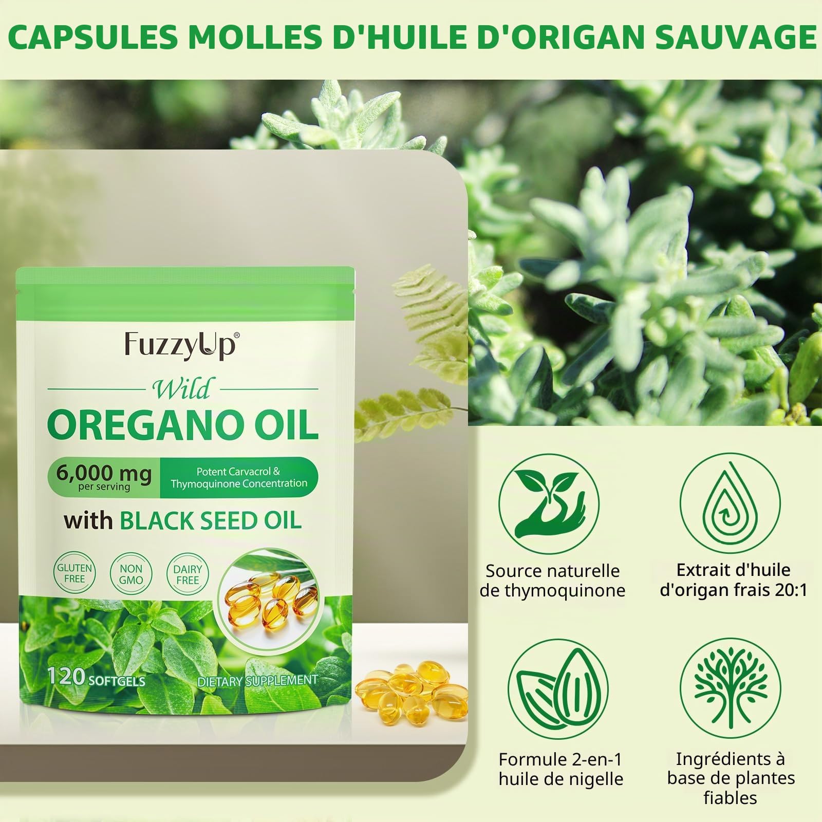 Oil of Oregano, Huile d Origan et Nigelle, Huile d'origan 2 en 1 (6000 mg) avec Huile de Nigelle (200 mg),Carvacrol (165 mg),Biologique, Sans OGM,Favorise la Santé Immunitaire et Digestive,240 Gélules