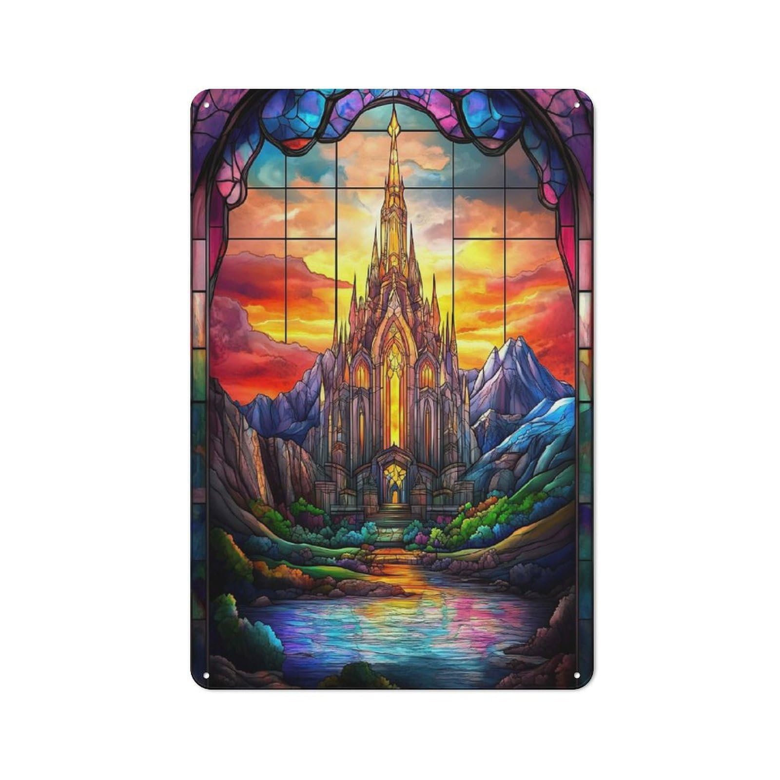 Junmoney Style-12 Modern Vintage Stained Glass Fantasy Castle Office Metal Sign 30X20cm, Creative Space Decor For Home Office, Reading Corner Or Bedroom