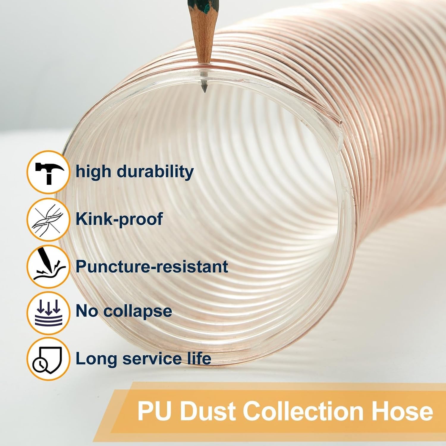 1.5mm Flexible PU Dust Collection Hose 10ft Heavy Duty Flex Clear Debris Dust Collector Hose with Clamps,Dust Collection Pipe Air Exhaust Pipe Vent Hose(Dia-4.1inch(105mm))