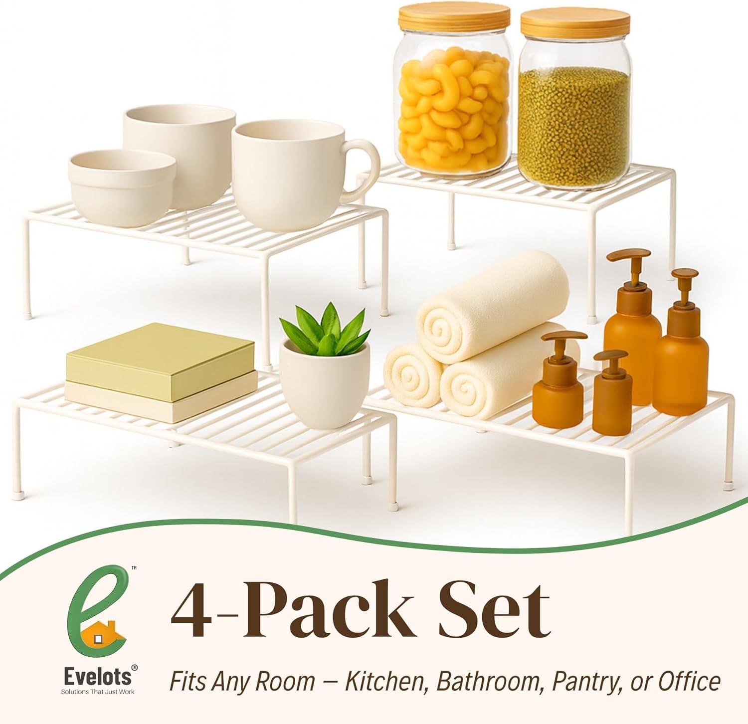 Evelots Kitchen Cabinet Wire Shelf Organizer/Rack - 4 Pack Sturdy Large Metal Shelf Risers - Double Your Counter Space - Great for Kitchen, Freezer, Pantry and Bathroom - Rustproof - White