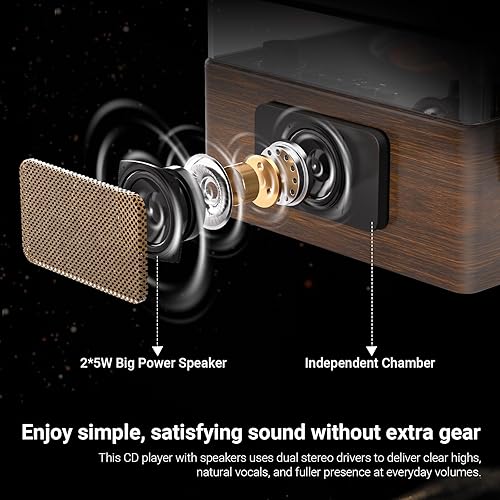 Miniatura 4 de Reproductor de CD con altavoces Bluetooth, caja de música de tiempo, reproductor de CD portátil retro para reproductor de música en el hogar, con