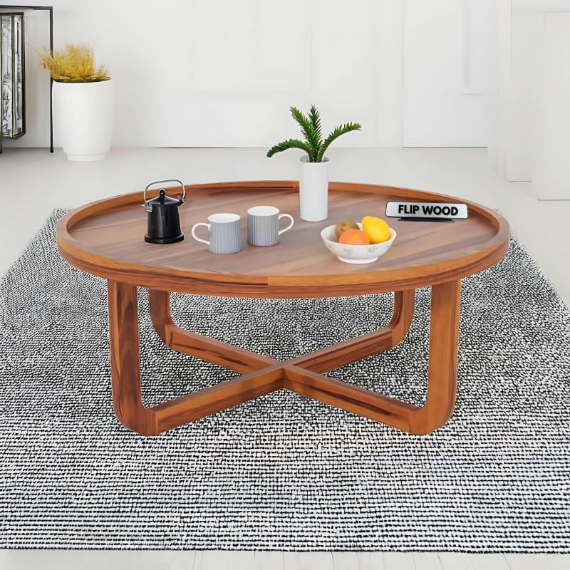 Image of Wooden Coffee Table for Living Room | Solid Sheesham Wood Round Center Tea able for Home Furniture (Honey Finish)