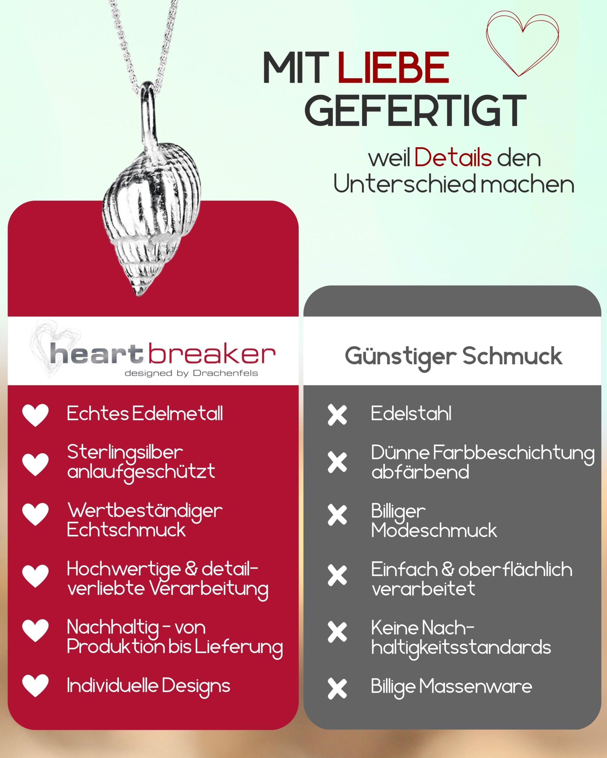 Heartbreaker "Sealife" Muschel-Anhänger klein I Edler Muschelanhänger aus 925 Sterling Silber I Nickelfreier Kettenanhänger in Goldschmiedequalität I Hochwertiger Anhänger für Damen I LD SL 37