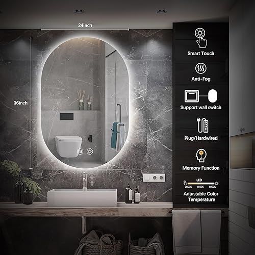 Miniatura 7 de Niccy Espejo de tocador de baño LED ovalado, 36 x 24 pulgadas, sin marco, espejo inteligente antivaho con función de memoria, espejo retroiluminado