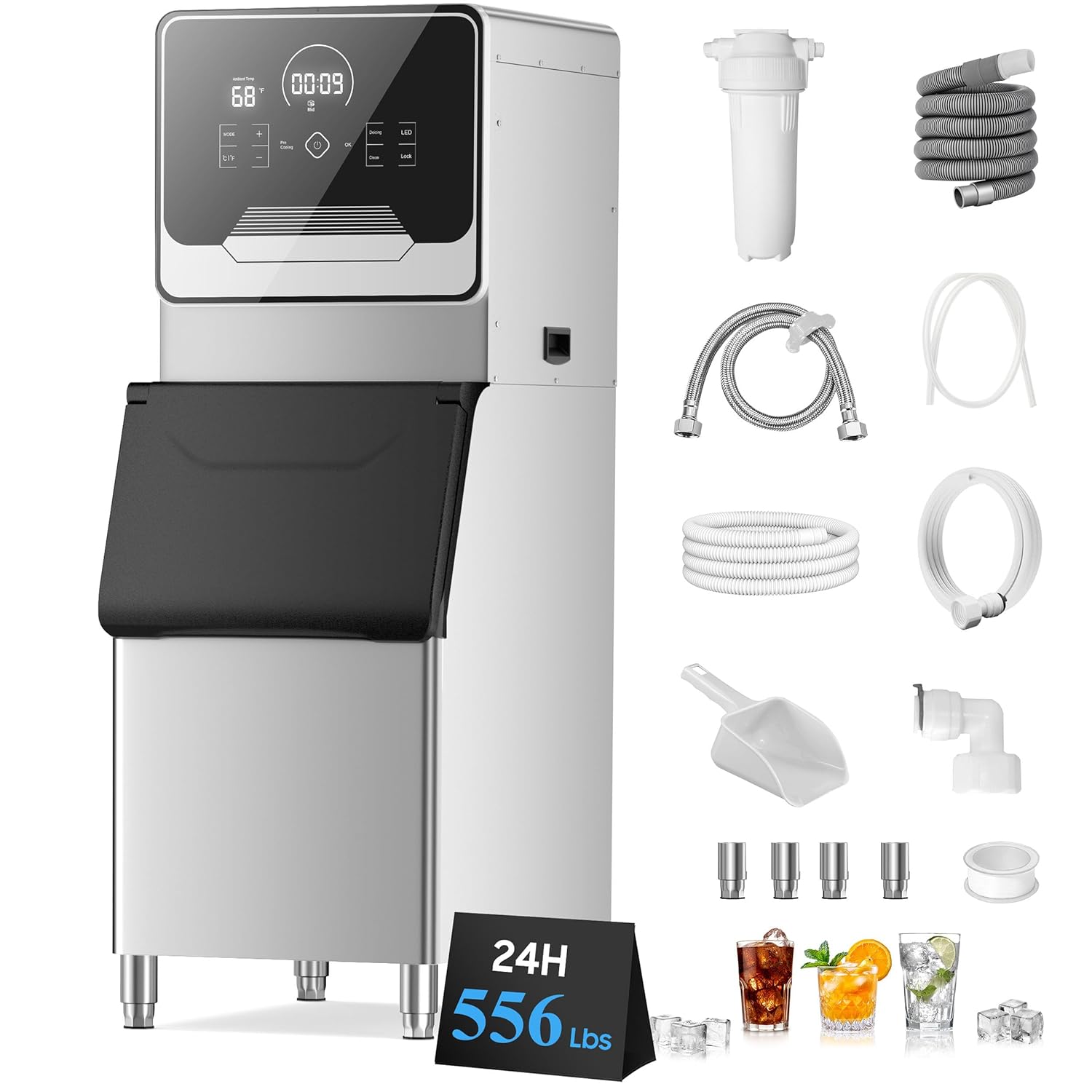 Commercial Ice Maker 556 Lbs/24H with 400Lbs Storage