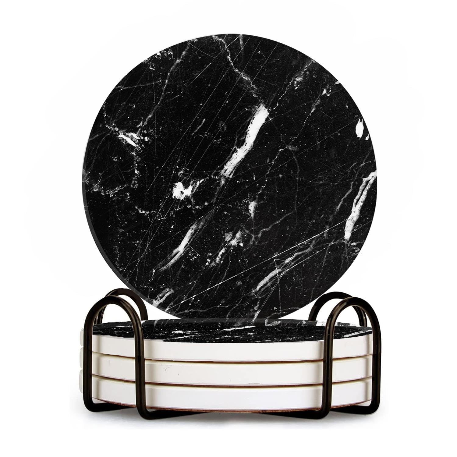 BaHomeck Marble Coasters Set of 4 with Holder Round Water Absorbent Premium Black Classic Marble Ceramic Coasters Tabletop Protection,Suitable for