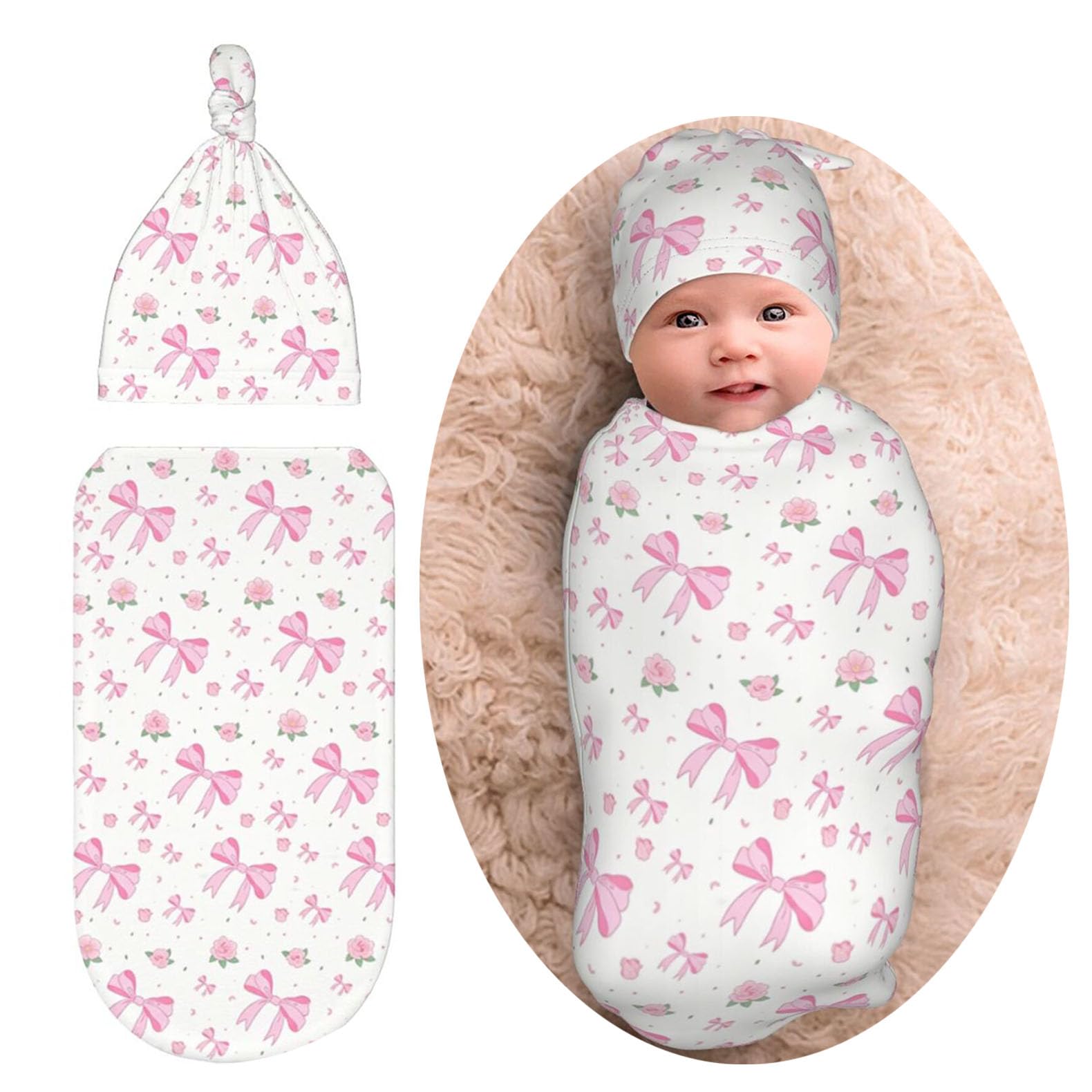 Pink Bow Floral Newborn Baby Swaddle Blanket Baby Stuff,with Beanie hat Sets, Soft Gifts for Unisex Boys Girls Shower Infant