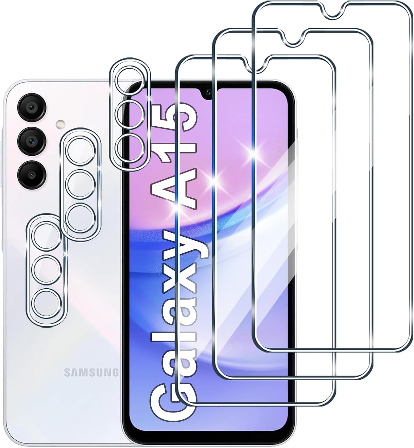 [3+3 Pieces] Tempered Glass Screen Protector for Samsung Galaxy A15 3 Pieces Camera Protective Film 9H Hardness Screen Protector Anti-Scratch Super Clear Film Anti-Bubble Tempered Glass