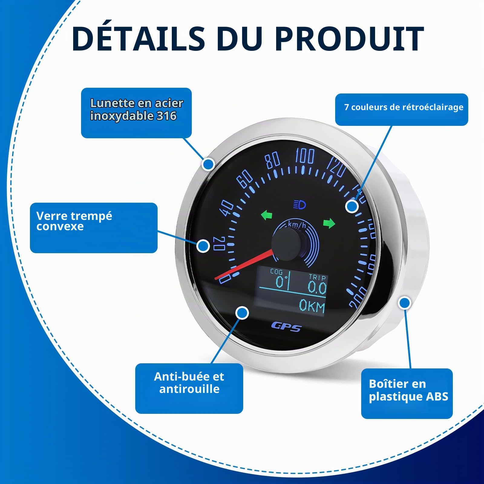 Compteur de vitesse GPS 85 mm 0-200 km/h étanche avec COG voyage kilomètre total pour voiture, camion, moto, 7 couleurs, rétroéclairage 9-32 V