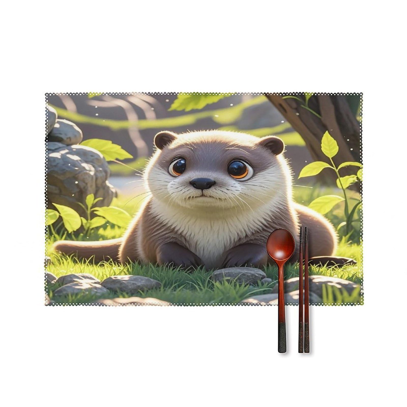 Cartoon Cute Otter Placemats Set of 6 Heat-Resistant Washable Place Mats Wipeable Kitchen Placemat Easy to Clean for Indoor Outdoor Party Kitchen Decoration