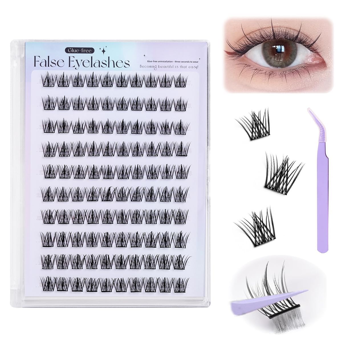 100Pcs Self Adhesive Eyelashes False Eyelash Clusters Eye Lashes for Women False Eyelashes Self Stick Cluster Lashes Eyelash Glue Eyelash Clusters with tweezers No Lash Glue Needed 11-13mm-image-40