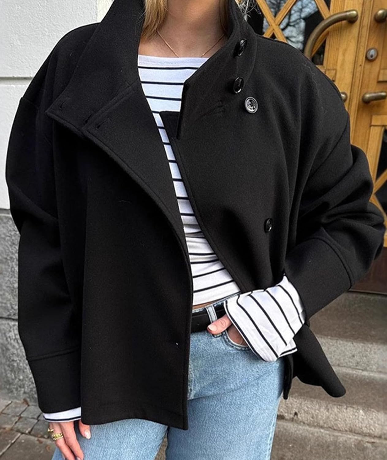 ECDAHICC Womens Crop Pea Coat Wool Blend Office Work Stand Collar Winter Jacket Trench Coat with Pocket - Image 2