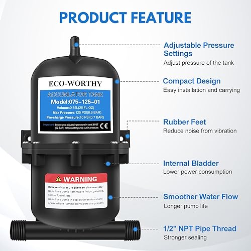 Miniatura 2 de ECO-WORTHY Tanque de acumulador prepresurizado de 0.75L 125PSI Recipiente de almacenamiento de presión para agua bajo presión Bomba de agua Control