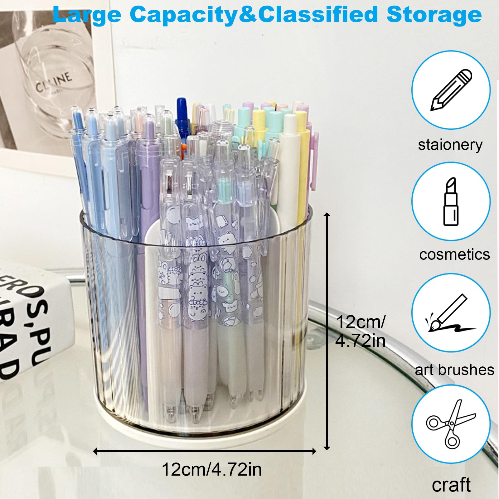 Marte Vanci 360 Degree Rotating Pen Holder Desk Stationery Organiser Tidy Organiser for Pencil Makeup Painting Brush Cosmetic Craft Storage Bin Pen Pot for Home Office School 6 Slots White - Image 2