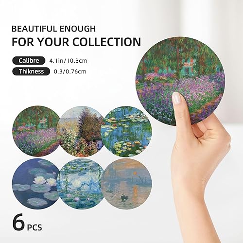 Miniatura 3 de Juego de 6 posavasos absorbentes de cerámica para bebidas con soporte dorado, base de corcho, 6 pinturas famosas de Claude Monet, regalos únicos de