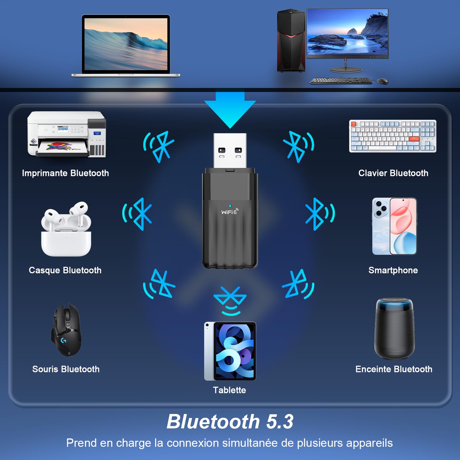 Bluetooth5.3 Clé WiFi 6 Puissante AX900 Mbps Clé WiFi pour PC Nano Adaptateur USB WiFi Bi-Bande Dongle WiFi Bluetooth Adaptateur WiFi,MU-MIMO,WPA3, Compatible avec Windows 11/10