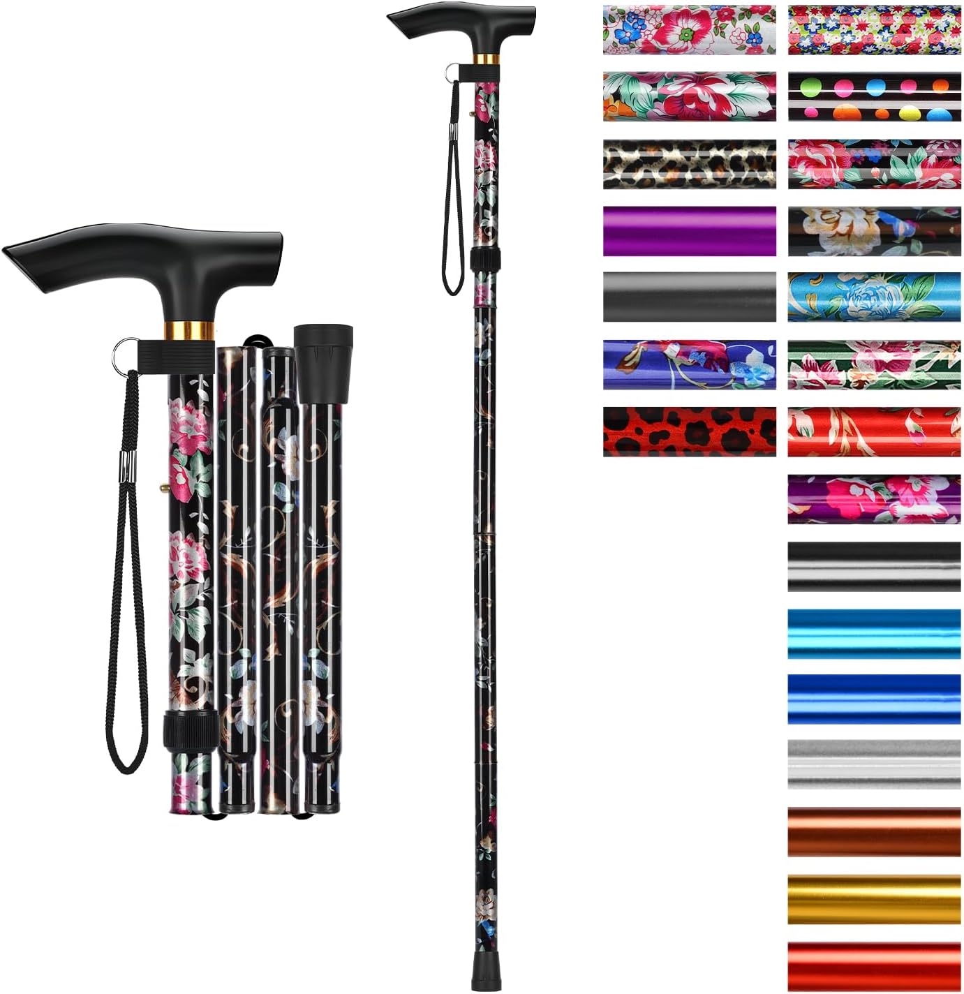 supregear Folding Cane, 5-Level Adjustable Height Walking Stick Lightweight Collapsible Portable Travel Cane with Wrist Strap and T Handle for Elderly Disabled Men Women