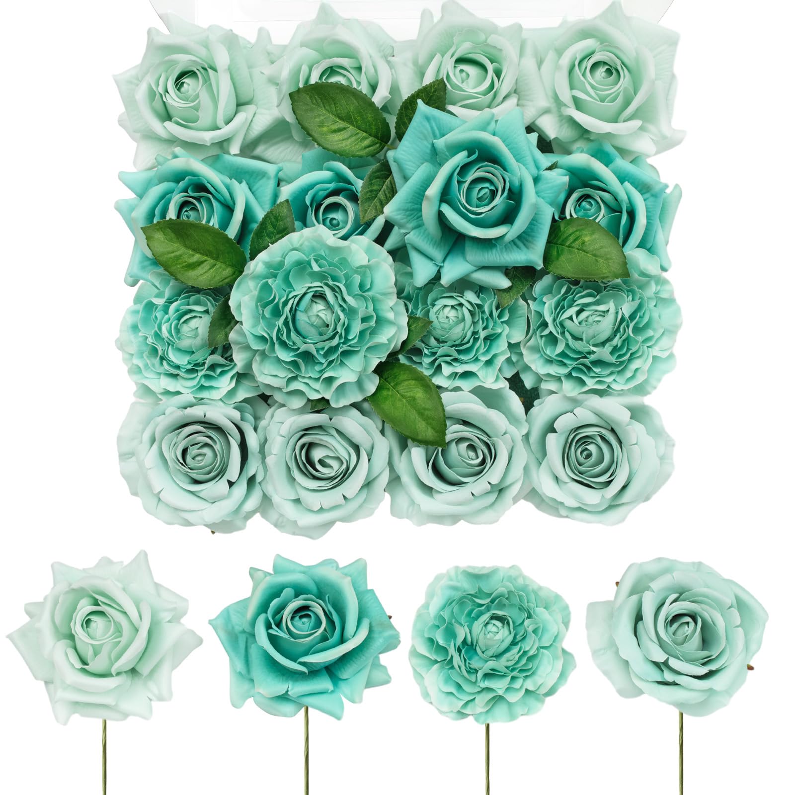 TINGE TIME 16pcs Artificial Silk Rose Real Looking Mixed Green Fake Rose w/stem for DIY Wedding Bouquets Bridal Shower Centerpieces Floral Arrangements Party Tables Home Decorations